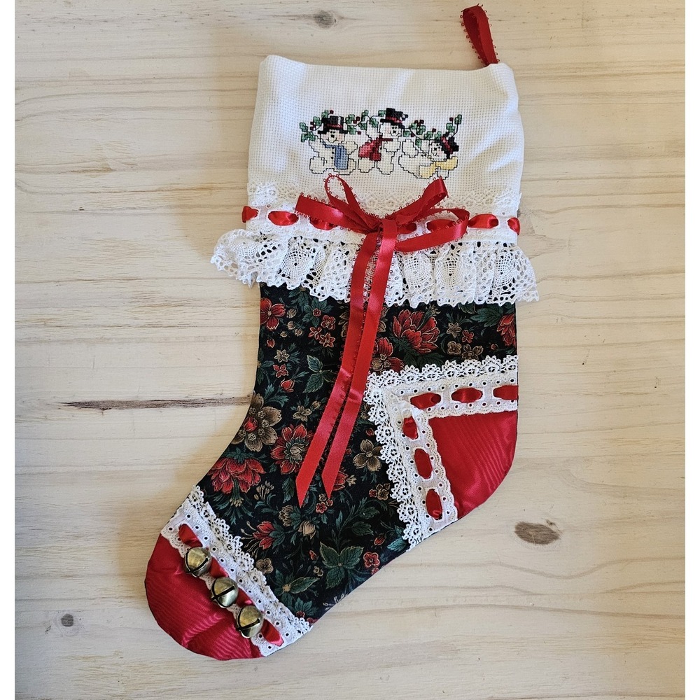Handmade Snowman Christmas Holiday Stocking with Bells Cross-Stitching Lace